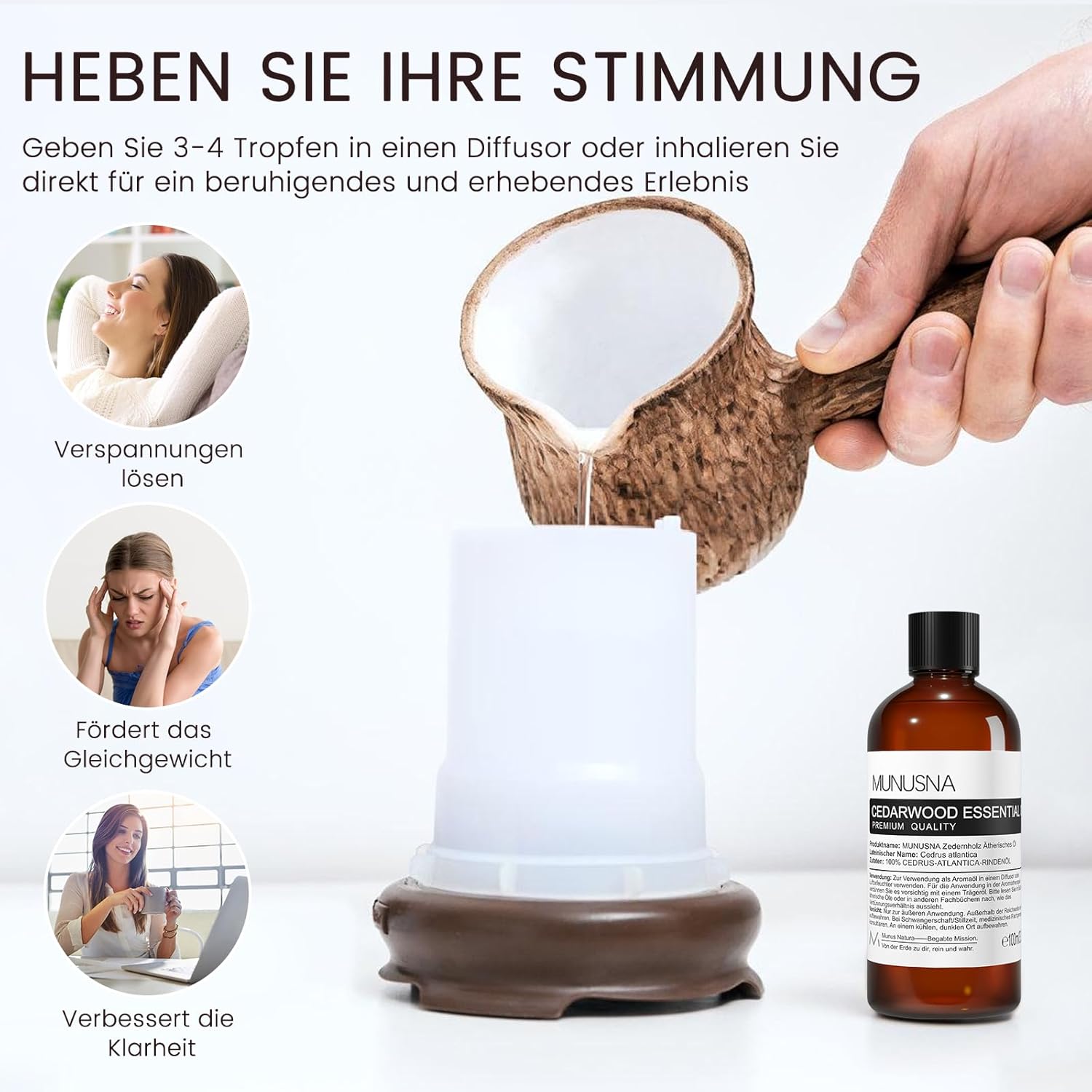 Detalle 2 de MUNUSNA Zedernholzöl 100ML – Reines ätherisches Öl für Duft, Haut- und Haarpflege