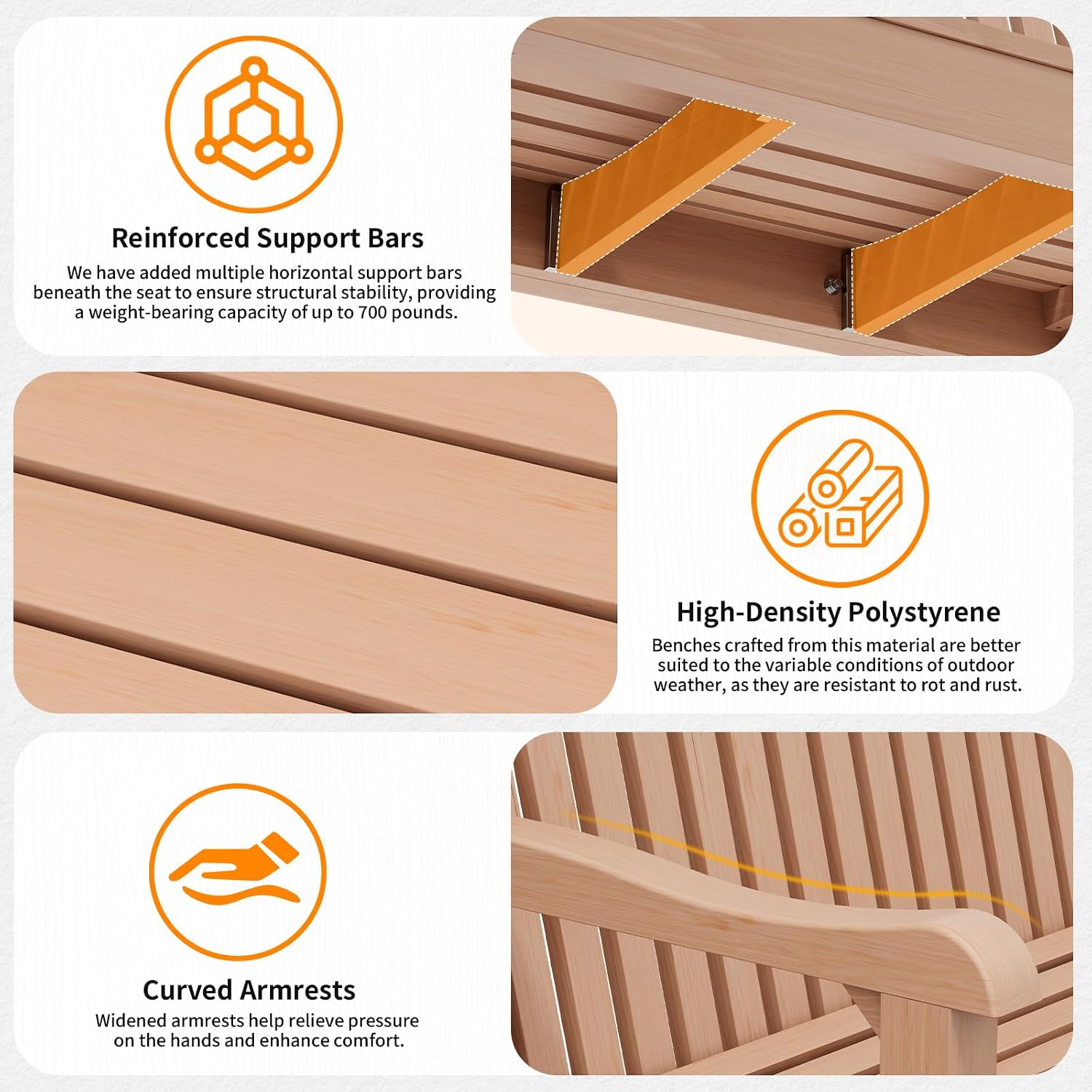 Detalle de Psilvam MTOB01 Outdoor Bench for Two, Teak Color, 700 lb Capacity