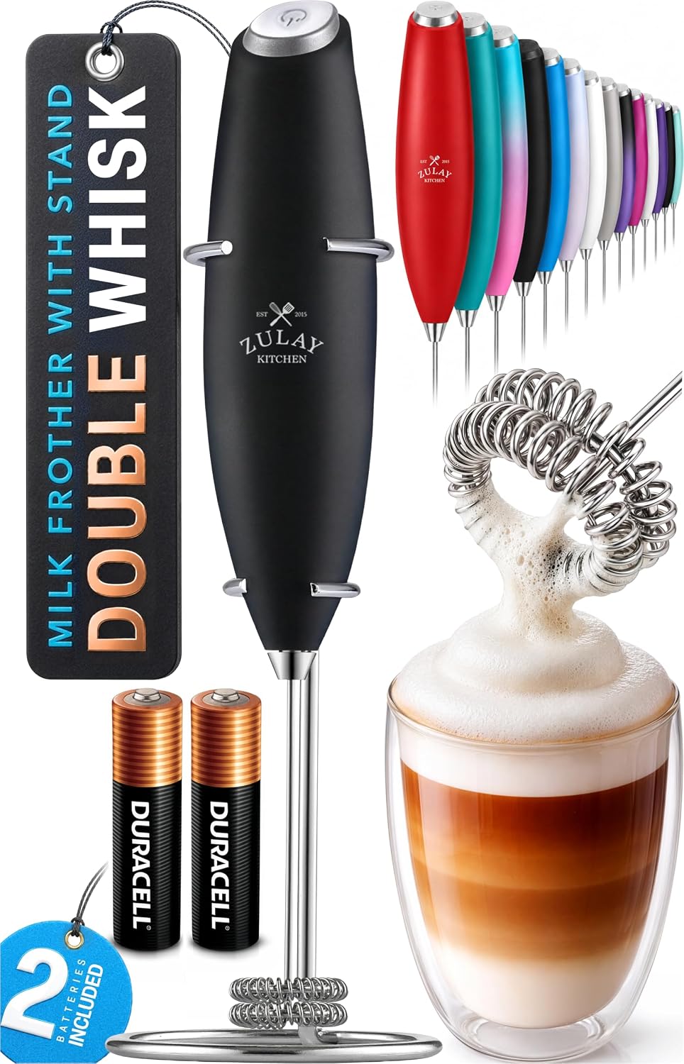 Detalle de Zulay Kitchen Double Milk Frother (Handheld) with 2 AA Duracell Batteries