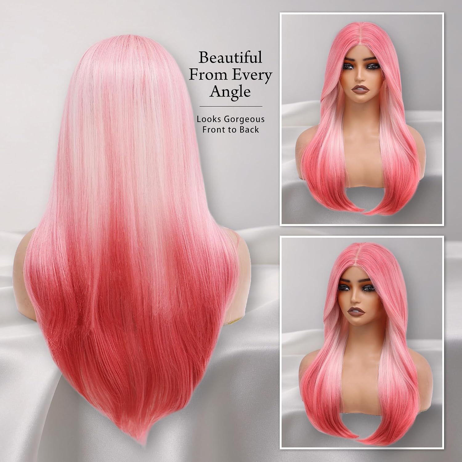 Detalle 2 de WECAN 24-Inch Pink Ombre Layered Wig with 4x4 Free-Part Lace