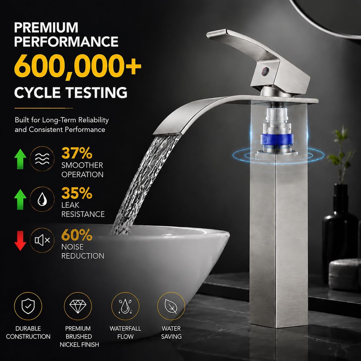 Thumbnail 6 de VOTON V-1727L Vessel Sink Faucet, Brushed Nickel Waterfall Spout