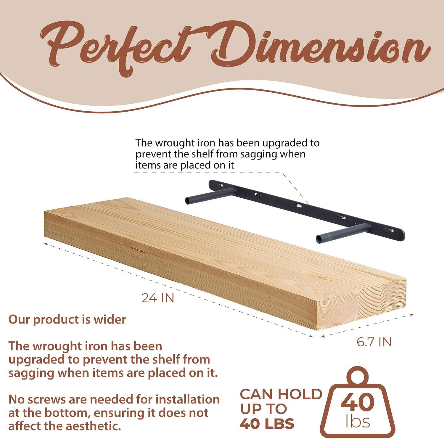 Detalle de houthvige 258369 Natural Pine Floating Shelves, Set of 2, 24-Inch