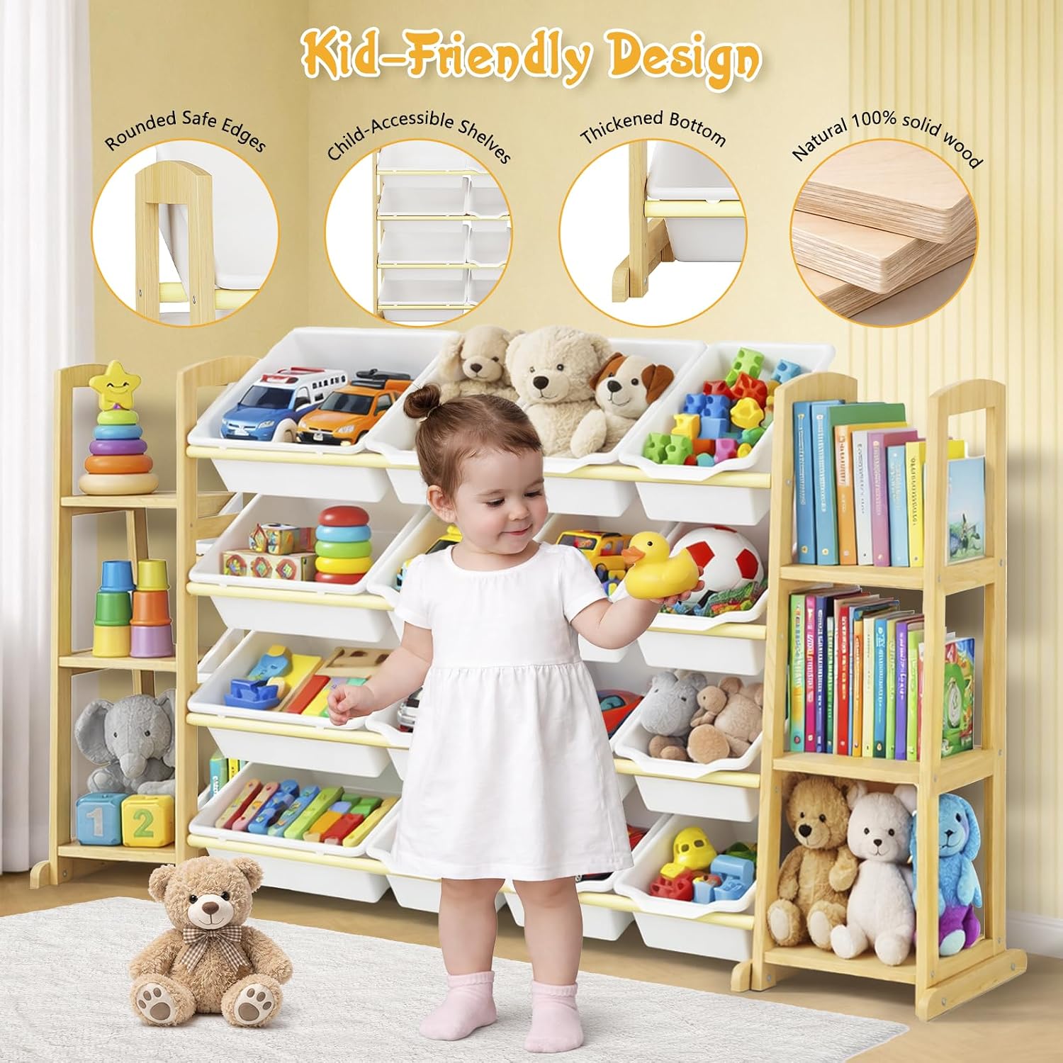 Detalle de Etitlly Kids Toy Storage Organizer with Bookshelf, 16 Bins, 6 Shelves, White