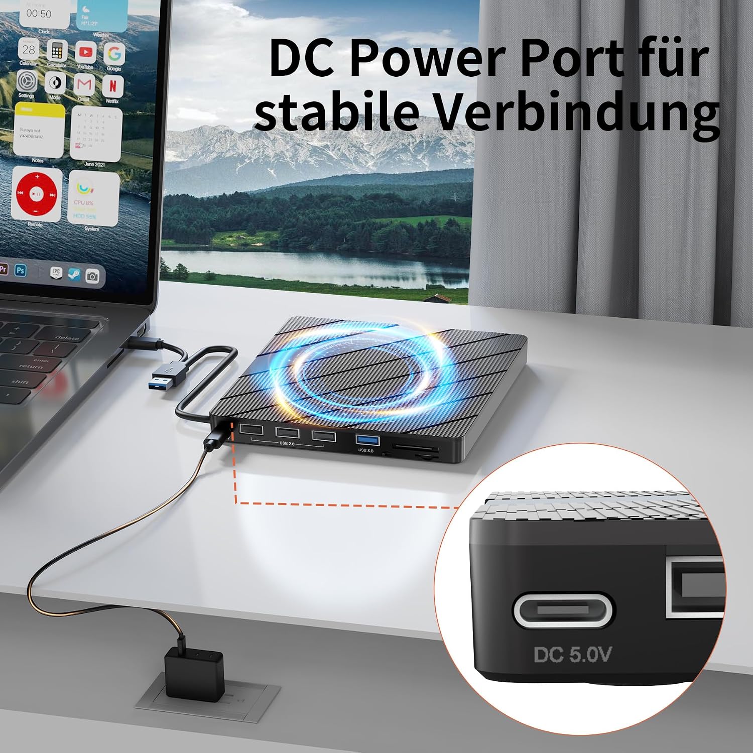 Detalle 2 de Alxum externes DVD-Laufwerk (USB 3.0, Type-C) mit CD-Brenner, SD/TF-Kartenleser