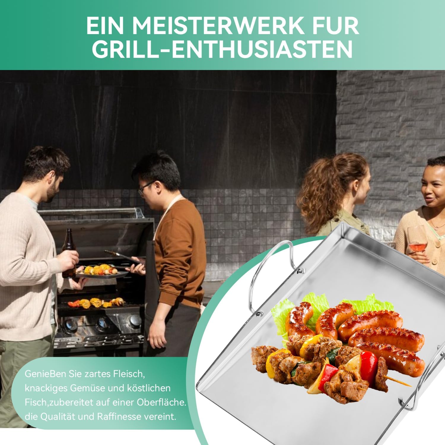 Detalle de COGRICHBF Universelle Edelstahl Plancha Grillplatte mit 2 Grillspachteln – 40 x 30 cm, 4 mm Stärke