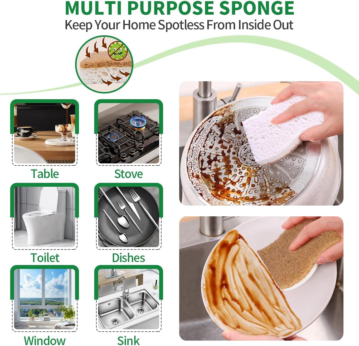 Detalle de Sponges Kitchen Natural Dish Sponge – Plant-Based, Biodegradable & Compostable (Pack of 12)