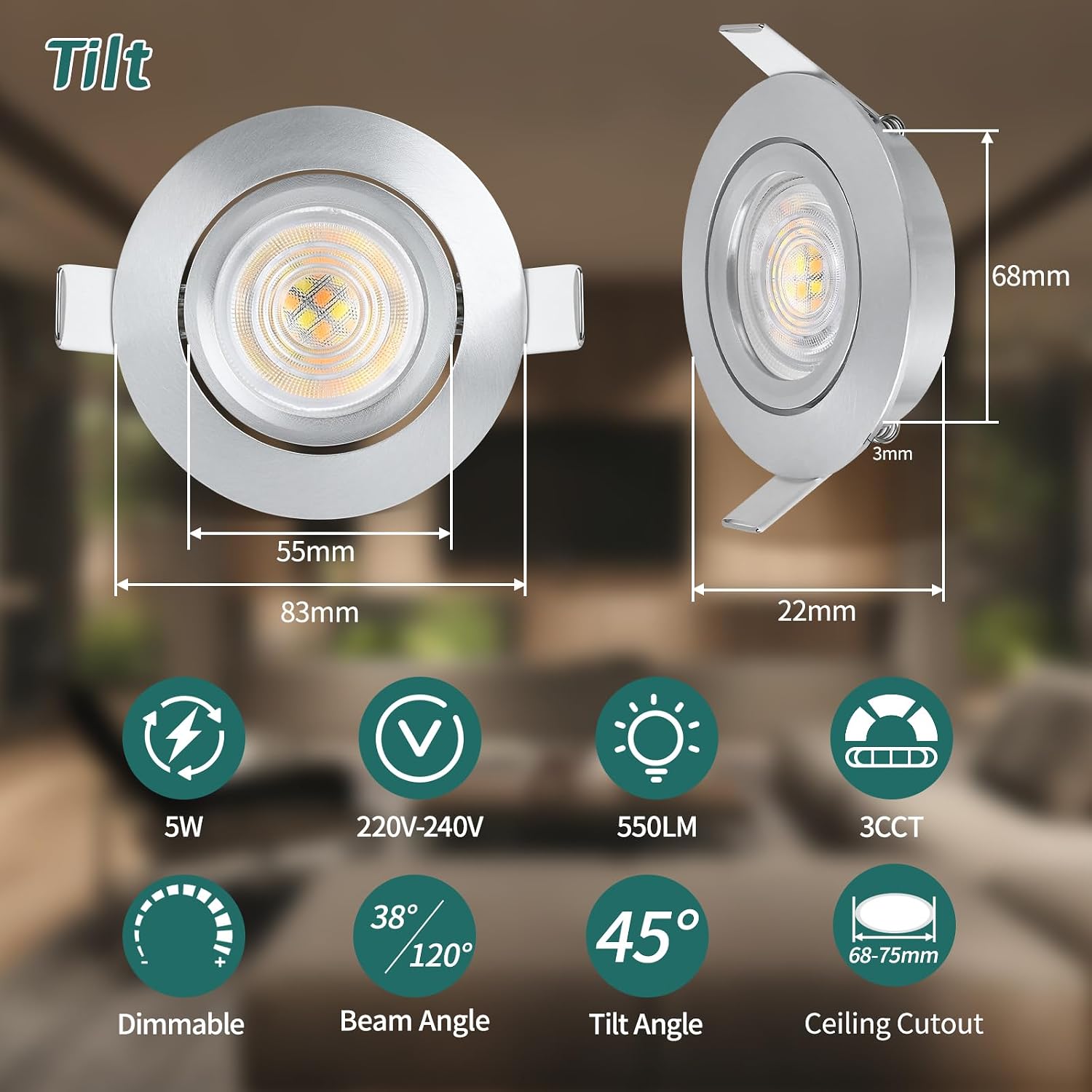 Detalle 2 de KYOTECH LED Einbaustrahler dimmbar 5 W, IP44, 6er-Set (68–75 mm), 3000K/4000K/6500K, 45° schwenkbar