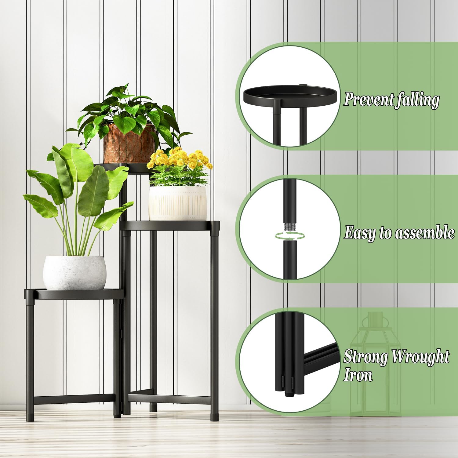 Detalle 1 de Atpddpey HJZ03 3-Tier Metal Plant Stand, Black, 9.06-Inch Trays