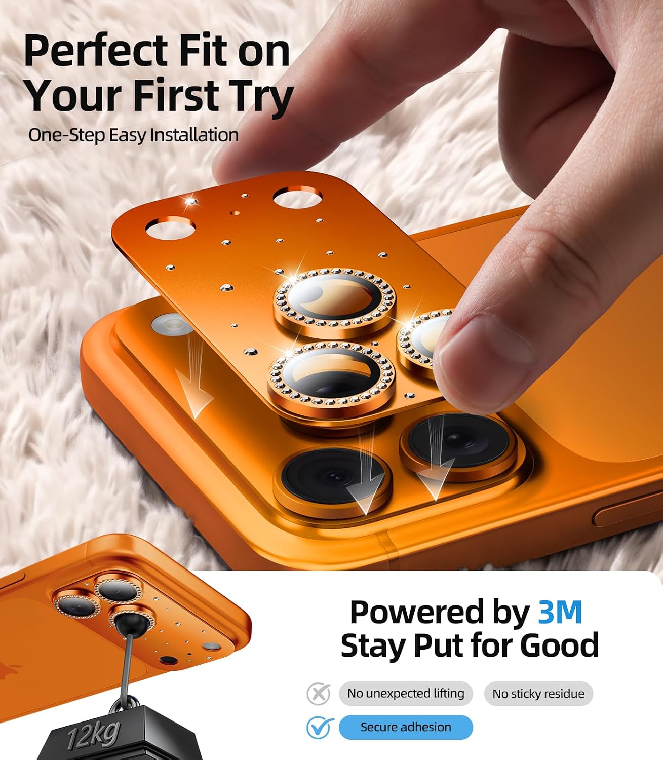 Detalle 2 de HelloDeere iPhone 17 Pro Camera Lens Protector, Orange Diamond Tempered Glass