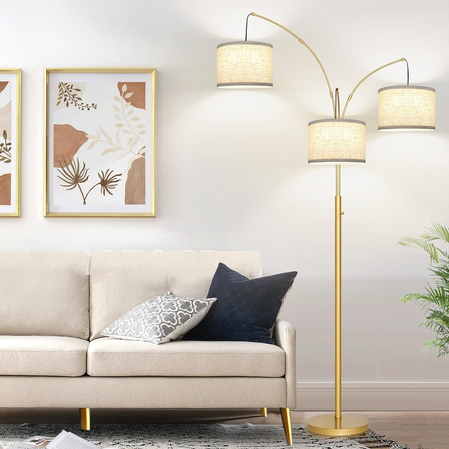 Thumbnail 4 de Nintiue F1378 Dimmable 3-Light Arc Floor Lamp, Gold with Linen Shades
