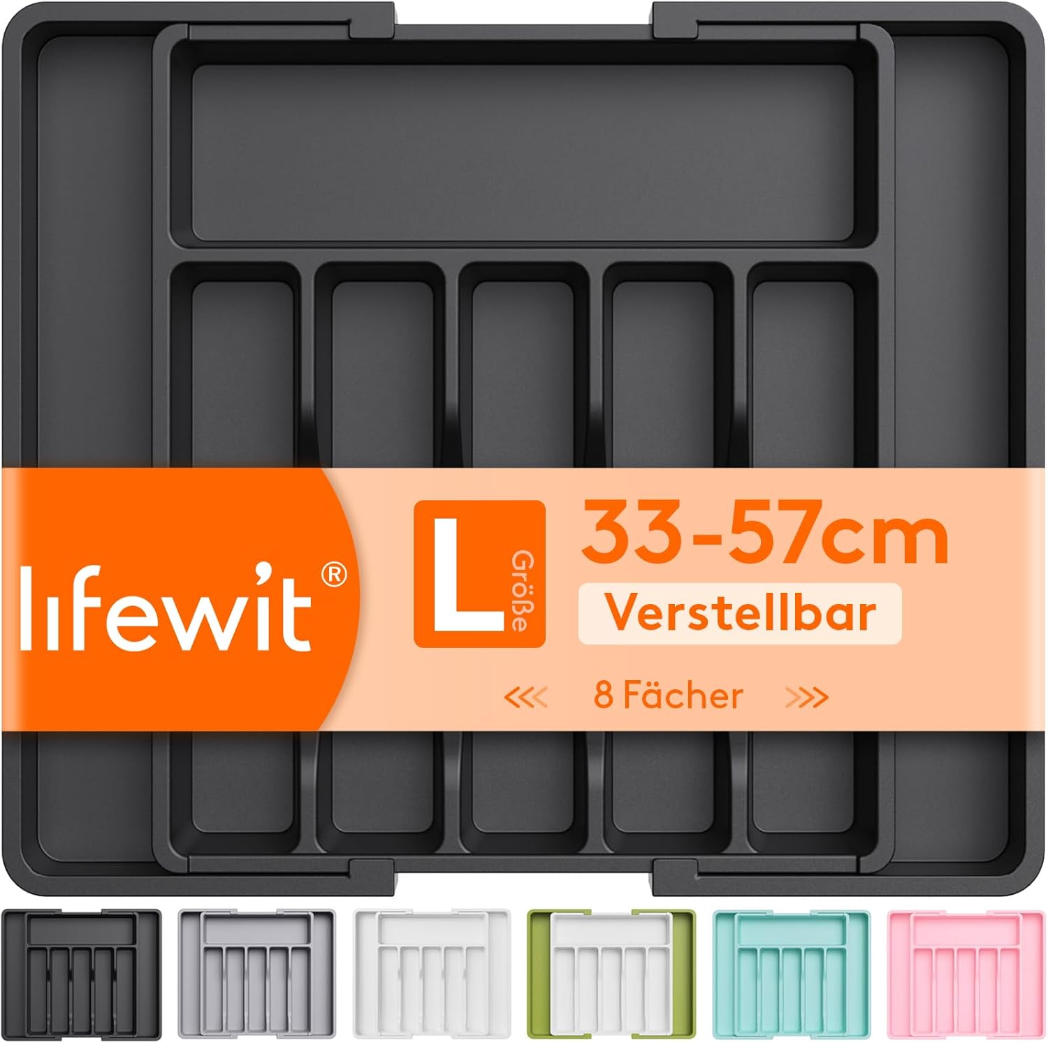 Detalle de Lifewit Besteckkasten für Schubladen (40–50) – verstellbarer Küchen-Organizer, erweiterbar bis 57 cm, 6–8 Fächer, Schwarz