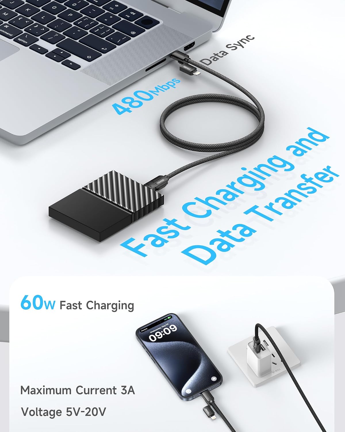 Detalle de RAVIAD Multi Cavo di Ricarica 4 in 1 (60W PD) con USB-C/USB-A e Lightning, interfacce per iPhone e Android