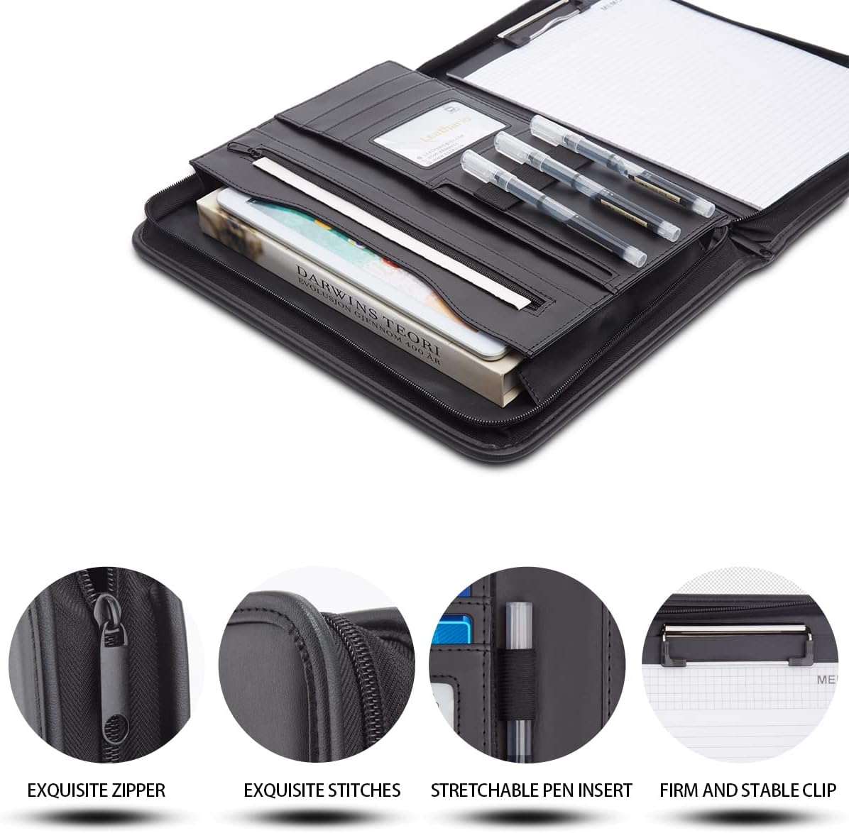 Detalle 2 de Leathario Portfolio Folder A4 Conference Folder with Notepad – vegan leather zip padfolio organiser
