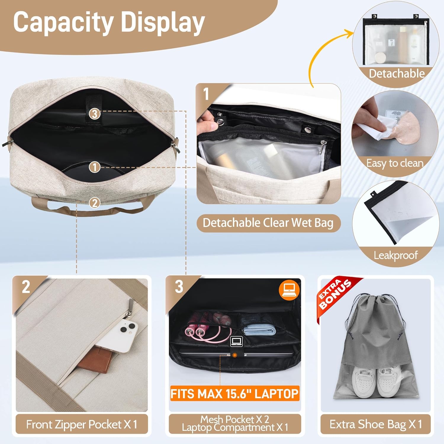 Thumbnail 3 de FIORETTO Cabin Bag for Easyjet 45x36x20cm (32L) with Laptop Compartment