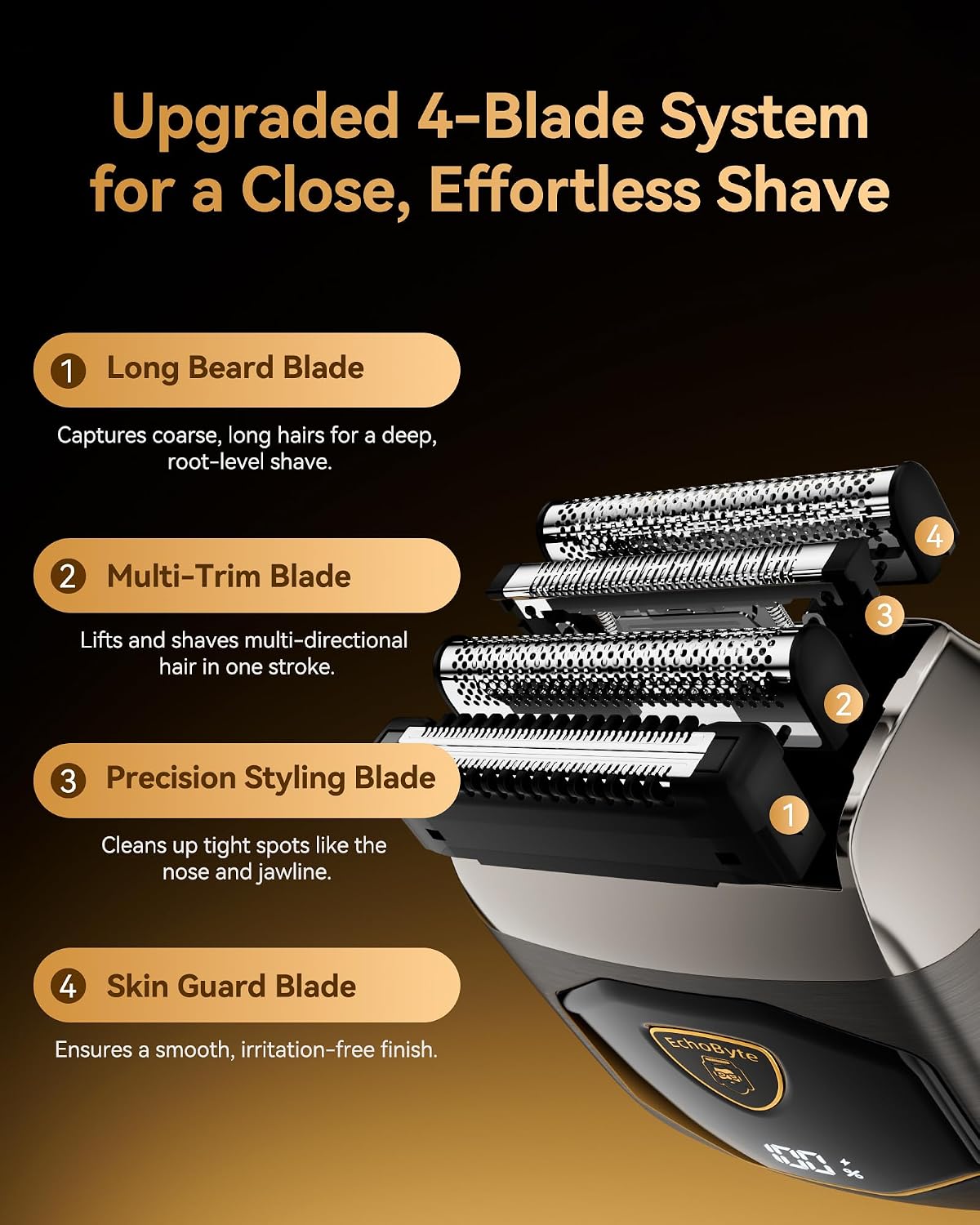 Thumbnail 3 de EchoByte Full Metal Electric Foil Shaver for Men: 4 Floating Blades, IPX7, 120-Min Runtime, USB-C