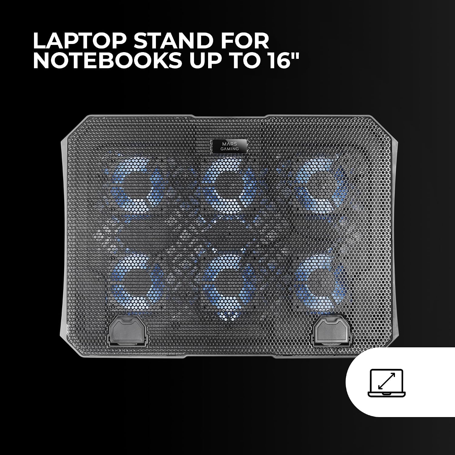 Detalle de Mars Gaming MNBC23 base di raffreddamento e supporto per laptop fino a 16” con 6 ventole LED blu, 6 posizioni e 2 USB 2.0