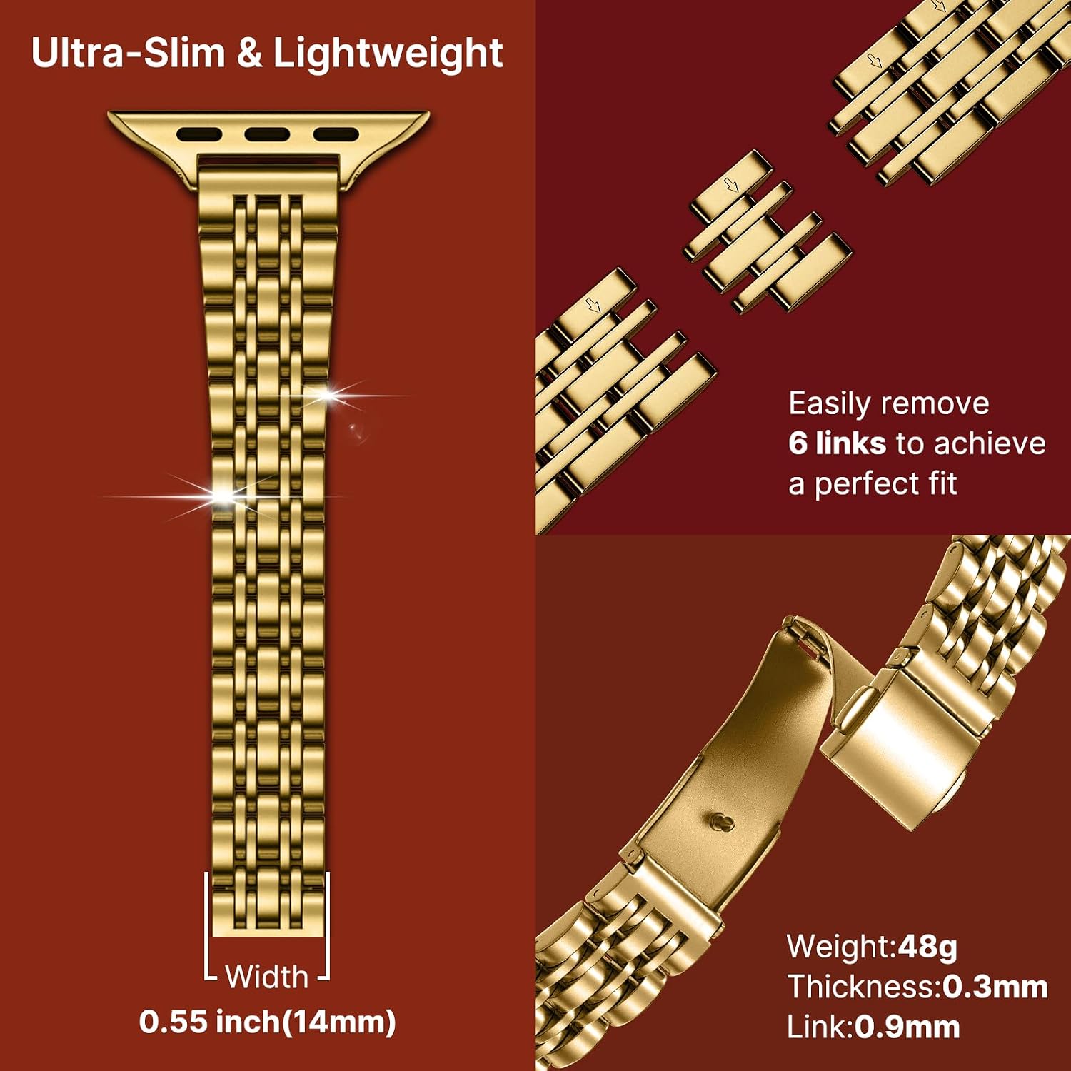 Detalle de Fullmosa Slim Metal Straps (Gold) for Apple Watch 46mm–49mm – 7-link stainless steel band