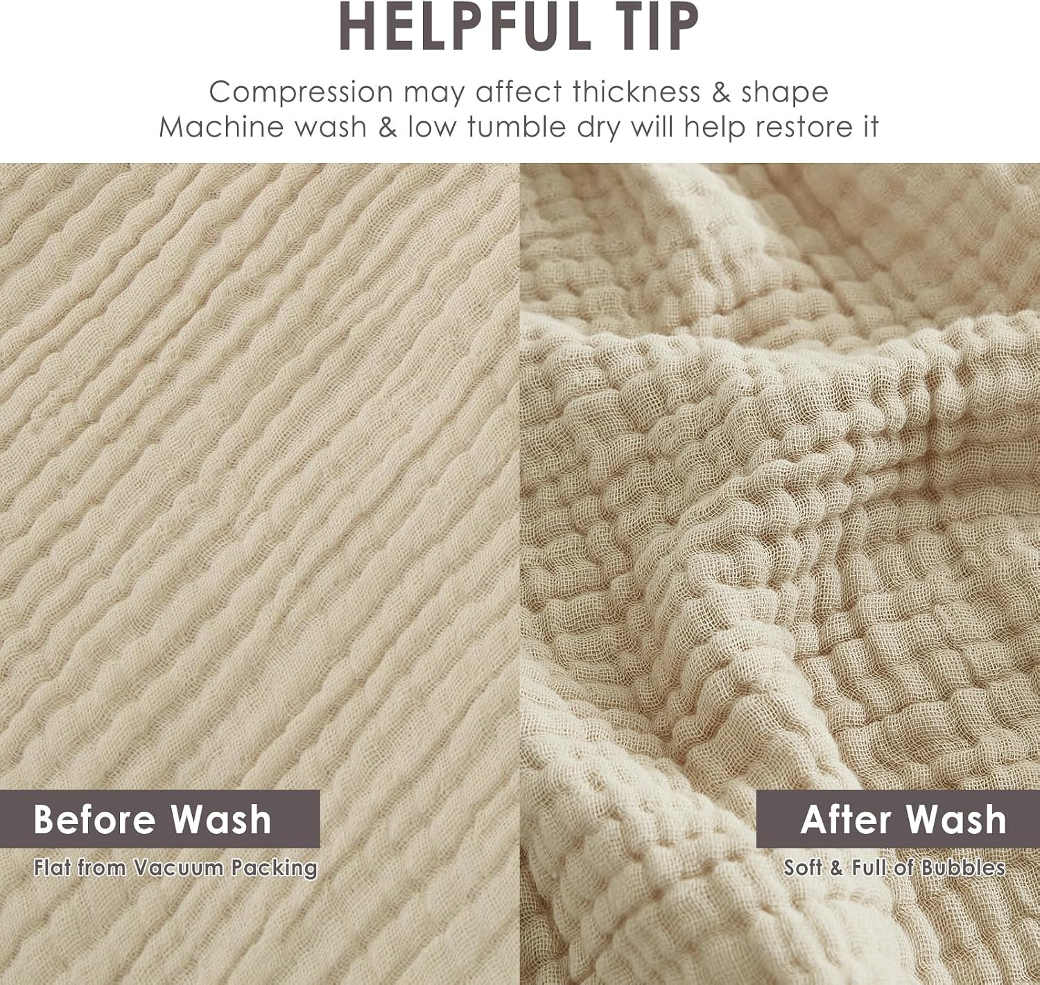Detalle de EMME Cotton Blanket Queen Size: Soft Muslin, Breathable All-Season Bedspread 90x90 (Beige)