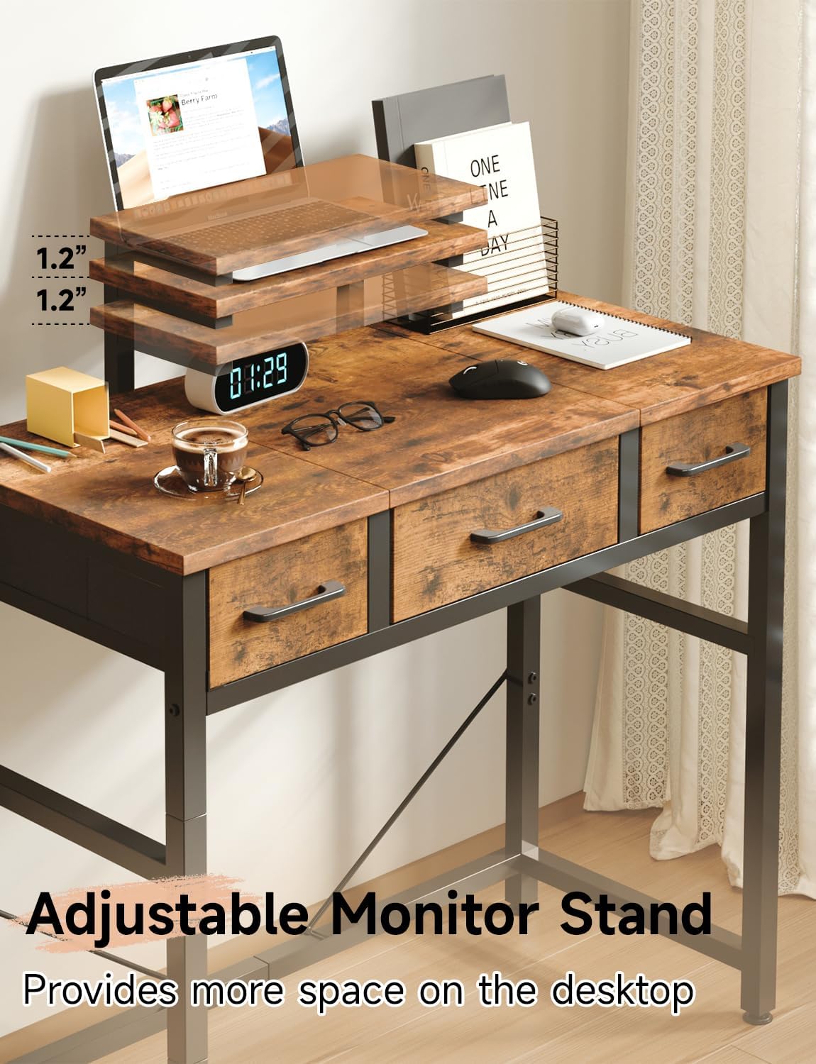 Thumbnail 5 de KitMent Small Desk with 3 Fabric Drawers, 76x36cm – Compact Study/Vanity Desk with Adjustable Monitor Stand