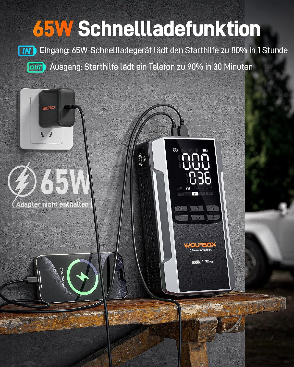 Detalle de WOLFBOX 2000A Starthilfe Powerbank mit Luftkompressor (150 PSI) und LED-Notlicht, 10.000 mAh