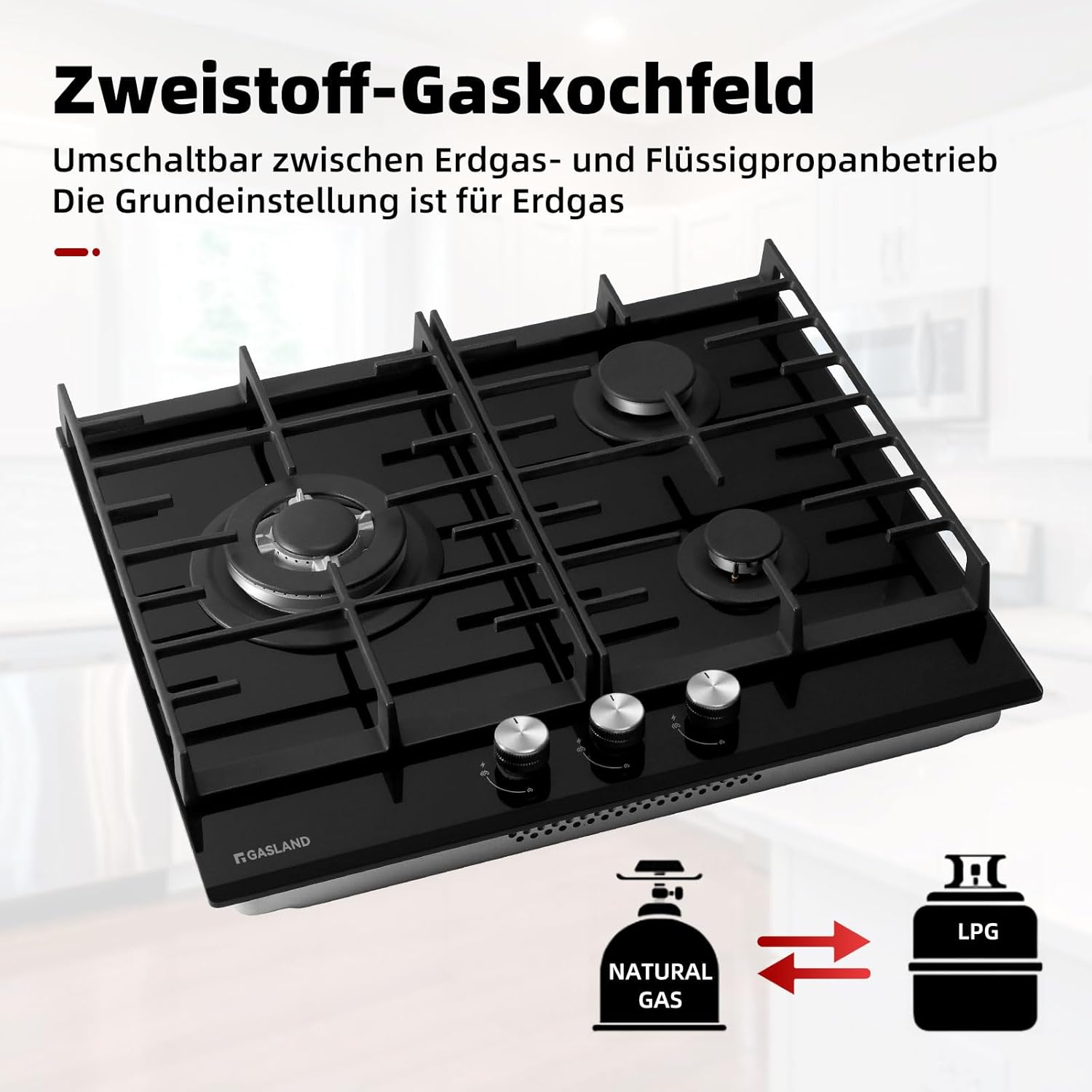 Thumbnail 3 de GASLAND GH603BF Glas-Gaskochfeld mit Wok-Brenner (3-flammig, 60 cm, LPG/Erdgas)