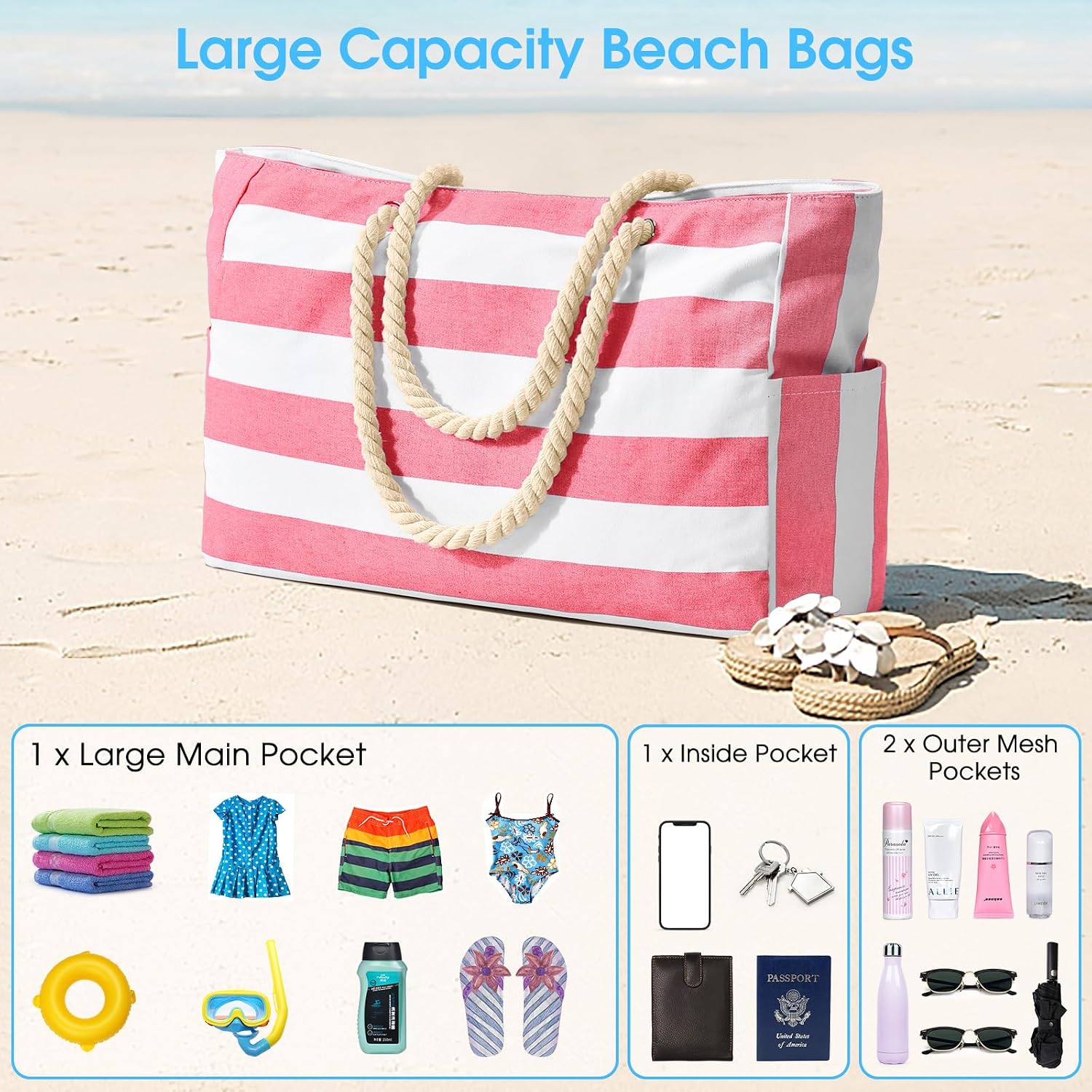Thumbnail 6 de oscaurt Large Waterproof Beach Bag with Zip & Rope Handle (Large Tote)