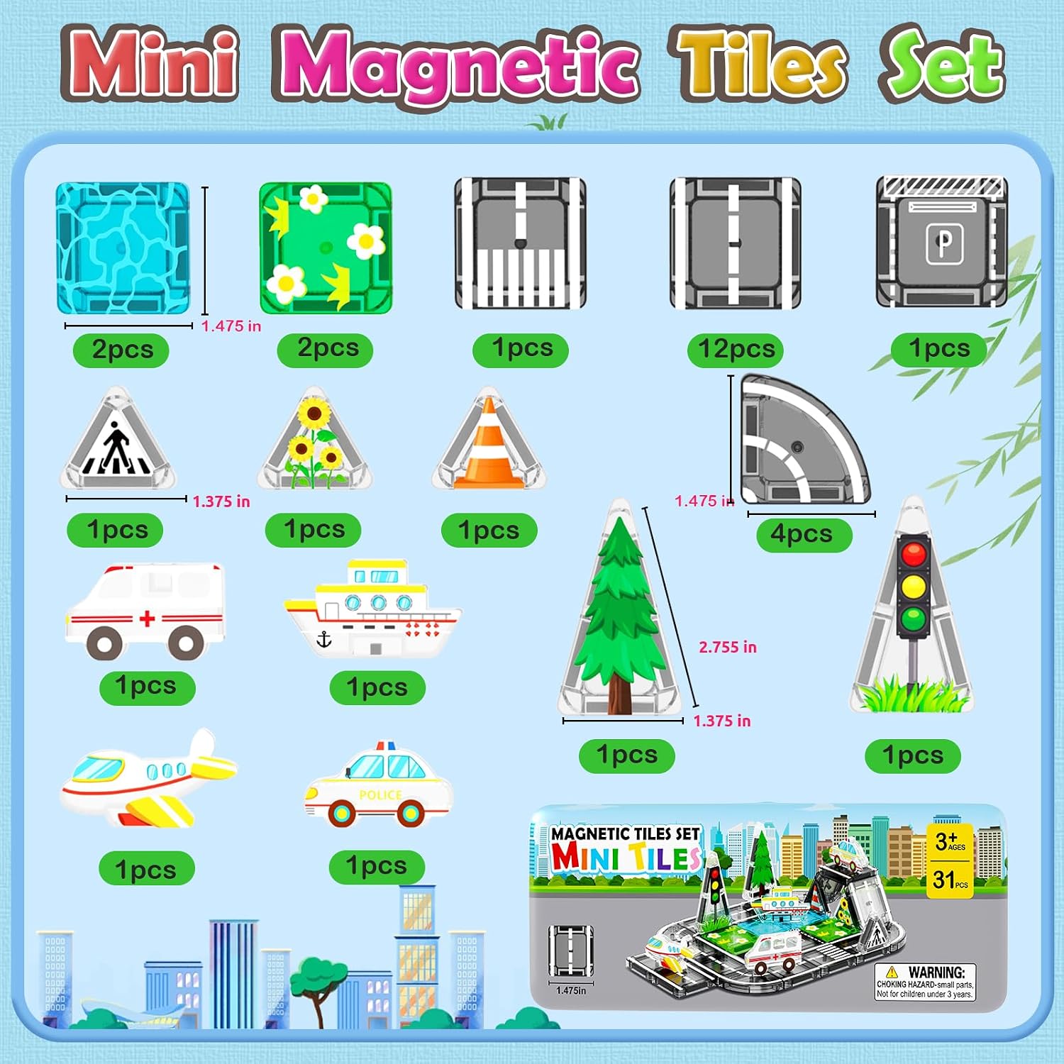 Detalle 2 de Road Mini Magnetic Tiles with Case – Travel Toys for 3+ Year Old Boys and Girls