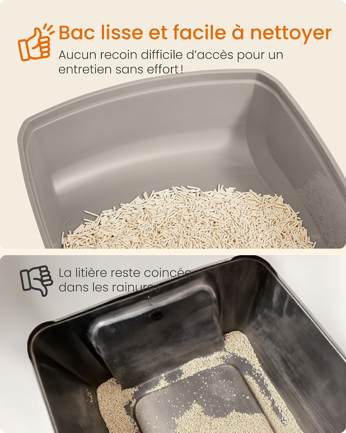 Detalle de Feandrea bac à litière XXL pour chat à parois hautes, ouvert sur le dessus, avec pelle (beige cappuccino) PPT010LH01