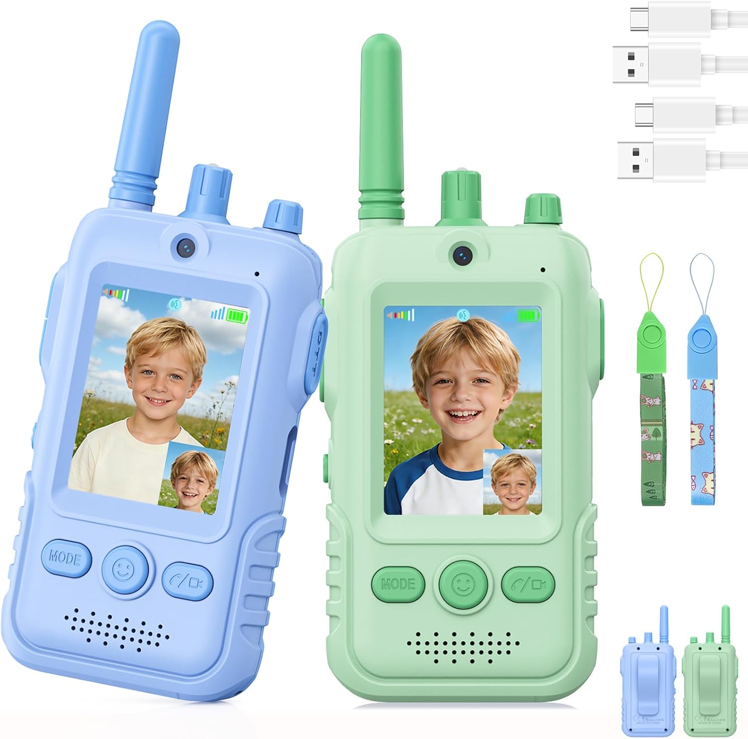 Detalle de GREENKINDER Video Walkie Talkie für Kinder mit Kamera (Sprechen & Sehen gleichzeitig) – 2er-Set, aufladbar, mit Gürtelclip & Taschenlampe