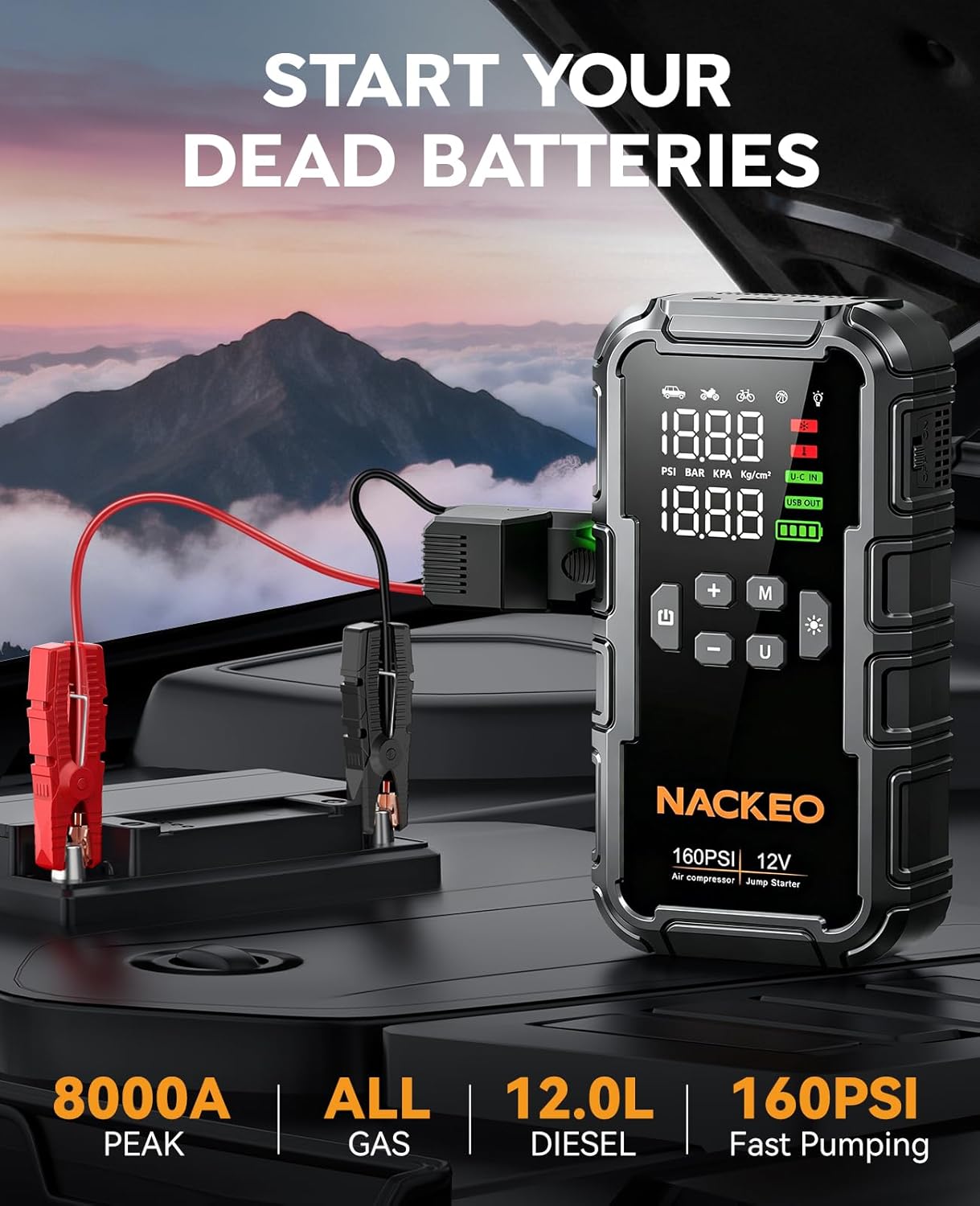Thumbnail 1 de 8000A Jump Starter Power Pack with Air Compressor (160 PSI) and 600LM LED — All-in-One Car Battery Booster