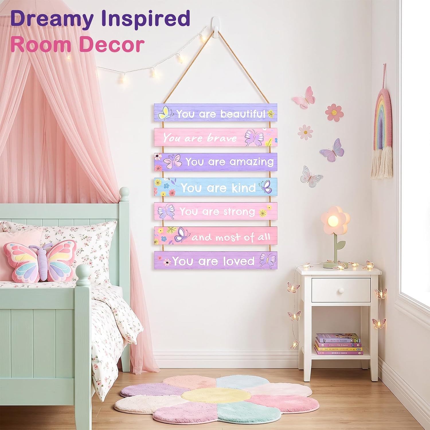 Detalle 2 de Beinou Purple Butterfly Wooden Wall Plaque Set with Motivational Phrases