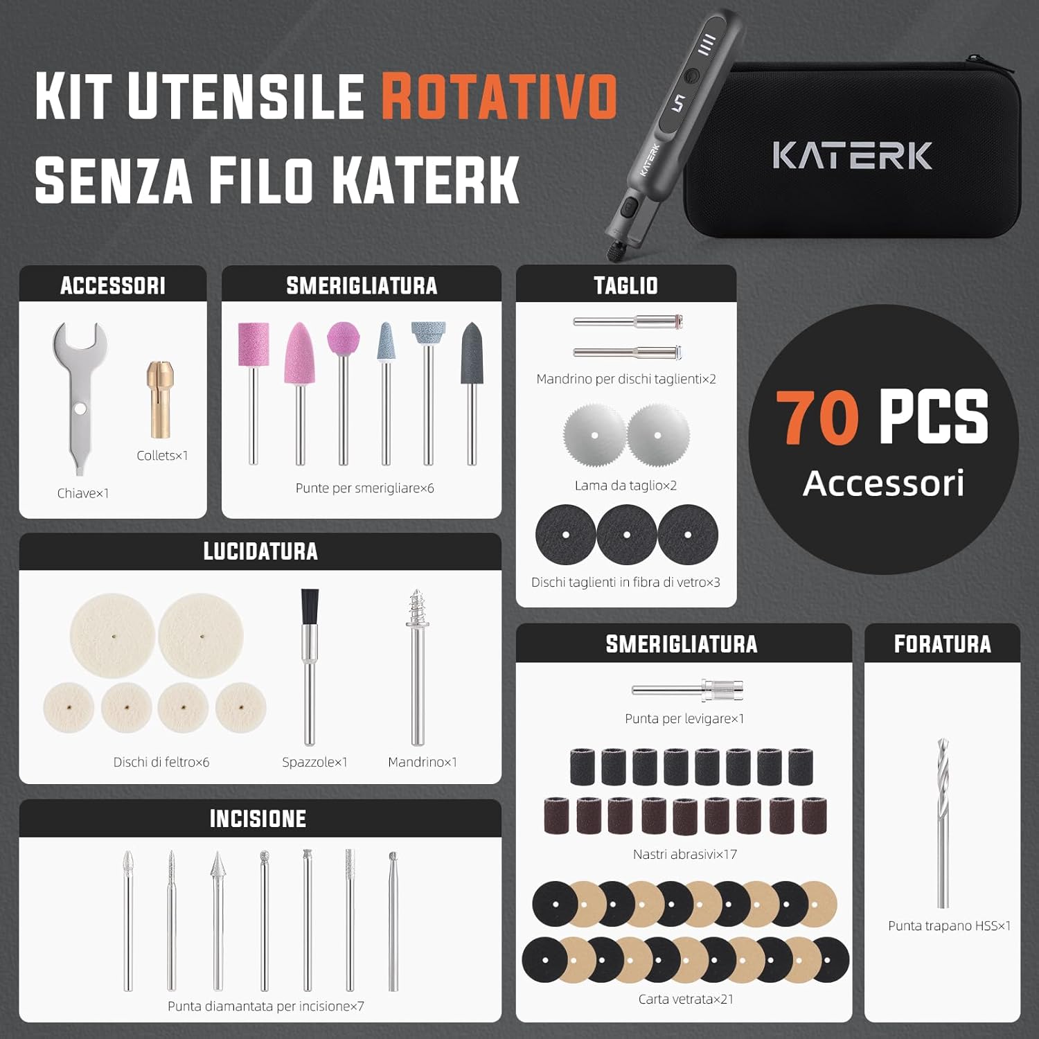 Detalle 2 de Katerk Kit di Utensile Multifunzione 3.7V: 6 Marce, 70 Accessori e Display LED