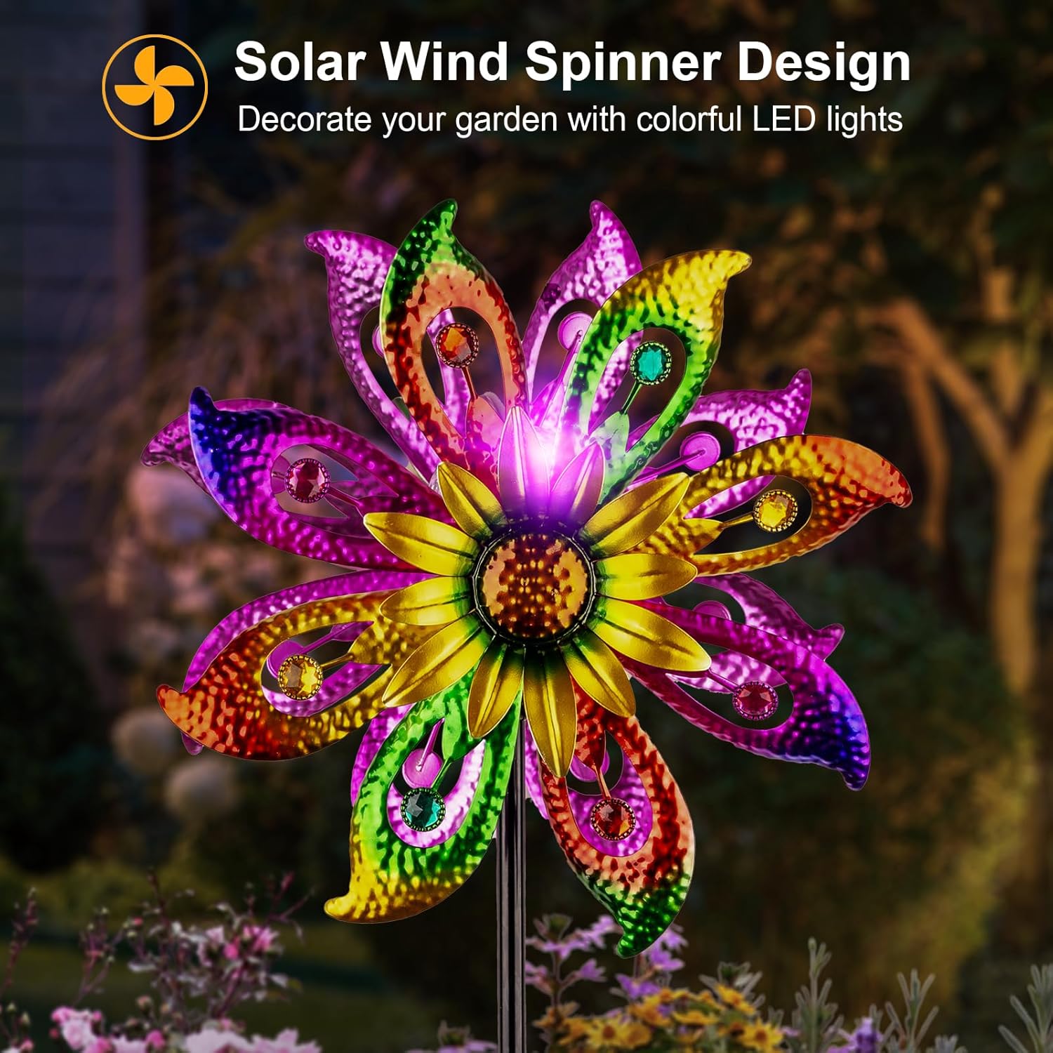 Thumbnail 1 de 360° Solar Wind Spinner with Lights Sunflower Garden Decor (60.63" H, 13.38" Dia)