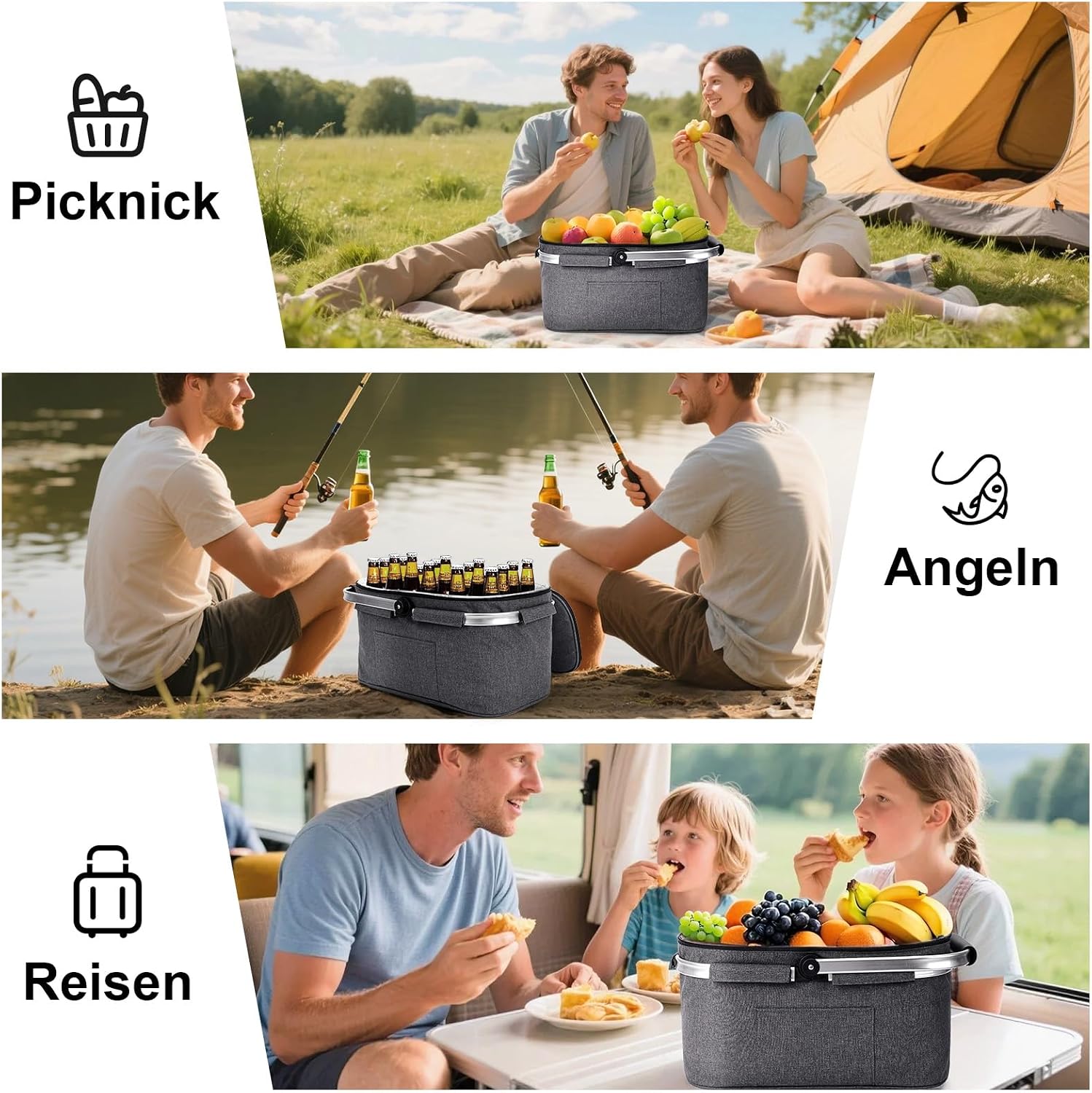 Detalle 2 de ALLCAMP große faltbare Kühltasche mit Deckel – Thermo-Picknickkorb für 2 Personen, isoliert, auslaufsicher