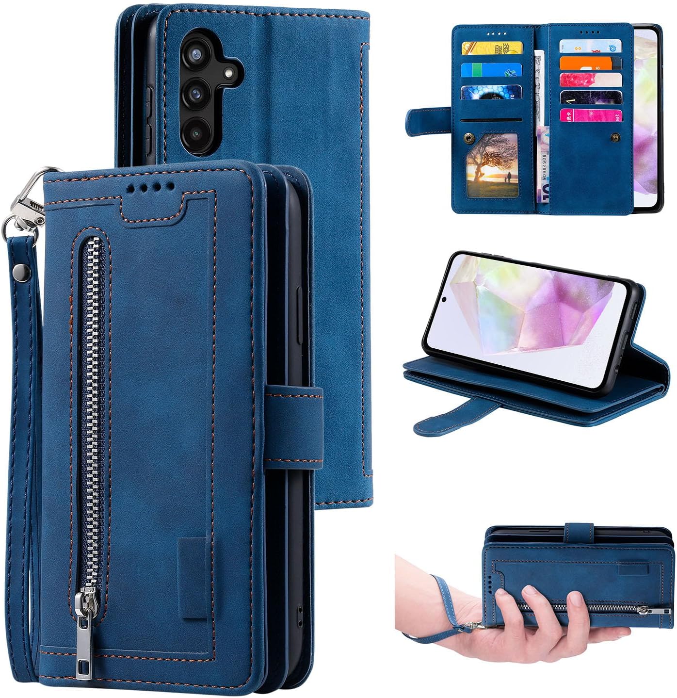 Detalle de UEEBAI Wallet-Hülle für Samsung Galaxy A35 5G – Vintage PU-Leder mit Reißverschluss, 9 Kartenfächer, Standfunktion und Trageband