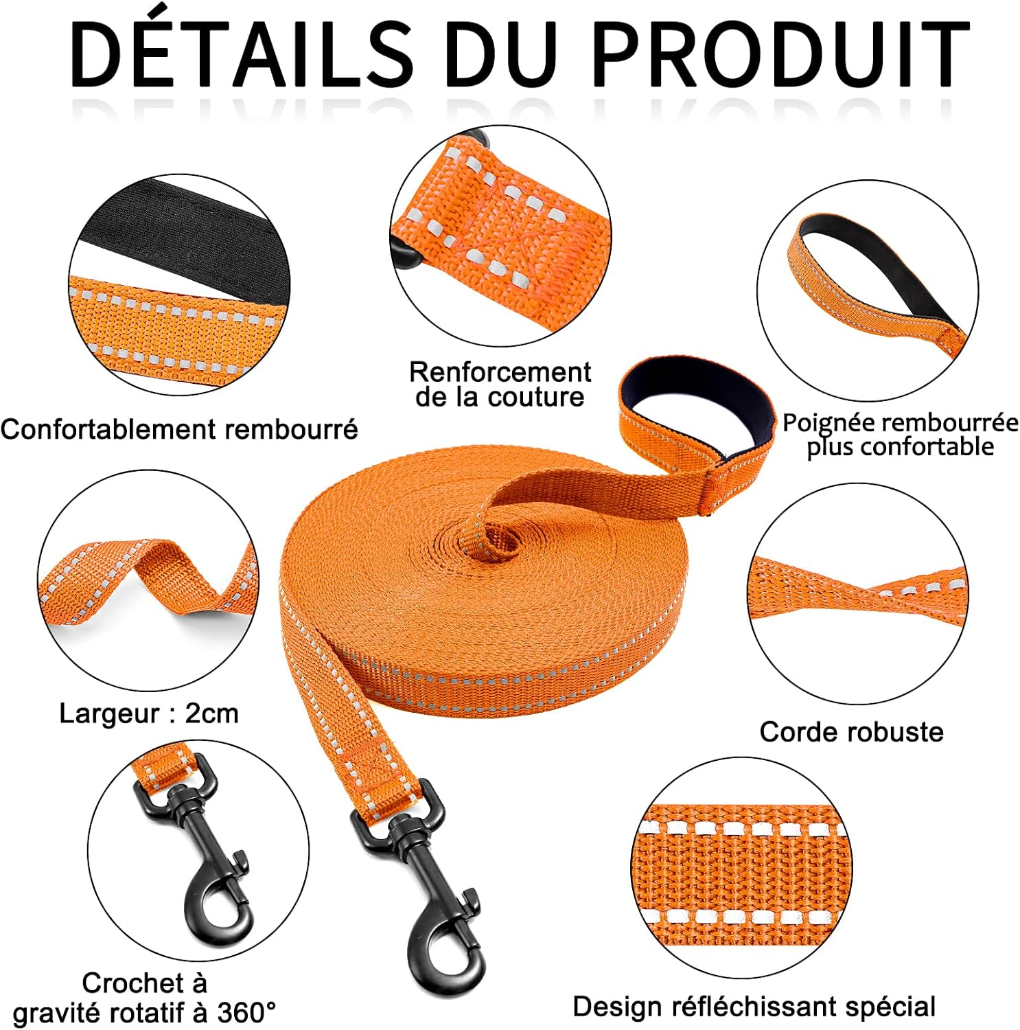 Detalle de COMSLE Long Leads for Dog Training extra long nylon dog leash (3m–20m) with rotating buckle handle