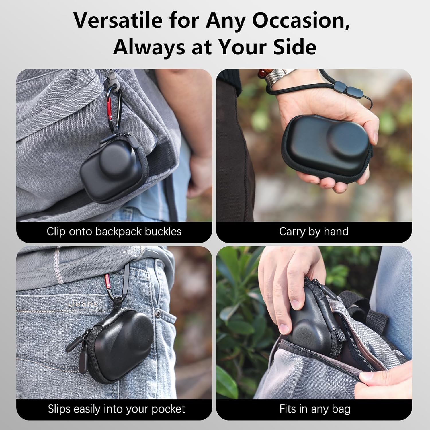 Detalle de AMAZEAR Tragetasche für DJI OSMO Action 6 – kompakte Hartleder-Mini-Tasche mit Innenfutter und 2 Silikon-Objektivkappen