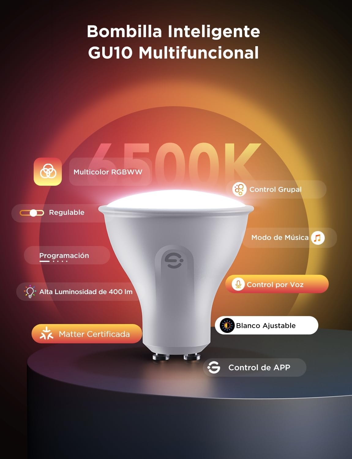 Detalle 2 de Govee Bombilla Inteligente GU10 WiFi RGBWW Regulable 🎆 (Paquete de 2)