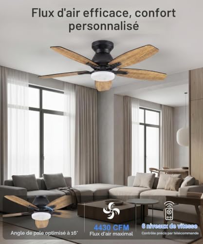 Thumbnail 6 de Ventilateur de Plafond avec Lumière 106 cm – 5 pales, Télécommande, 6 vitesses, 3 températures de couleur, moteur réversible – Macchiatto