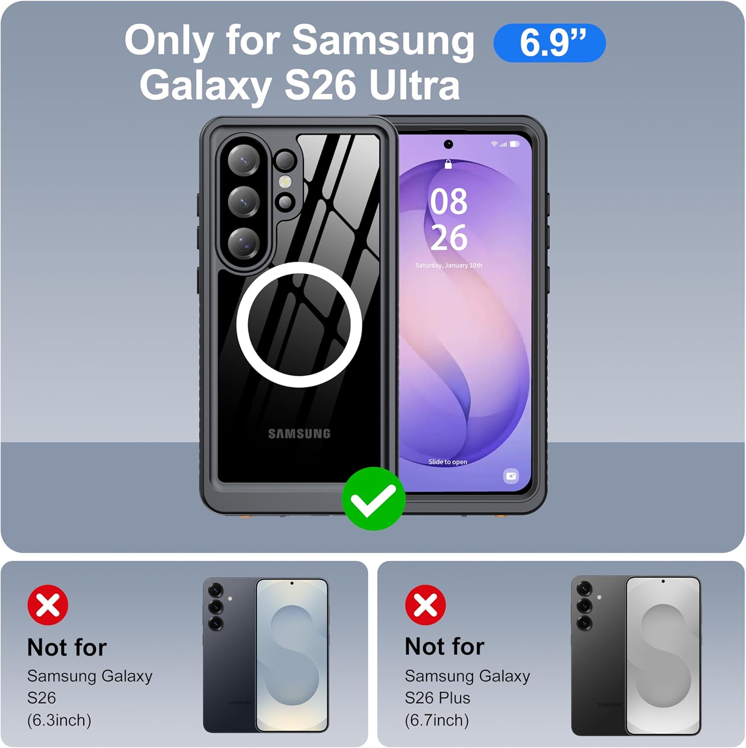 Detalle de ANTSHARE IP68 Waterproof Case for Samsung Galaxy S26 Ultra (2026) — MagSafe Compatible with Built-in Screen and Lens Protector