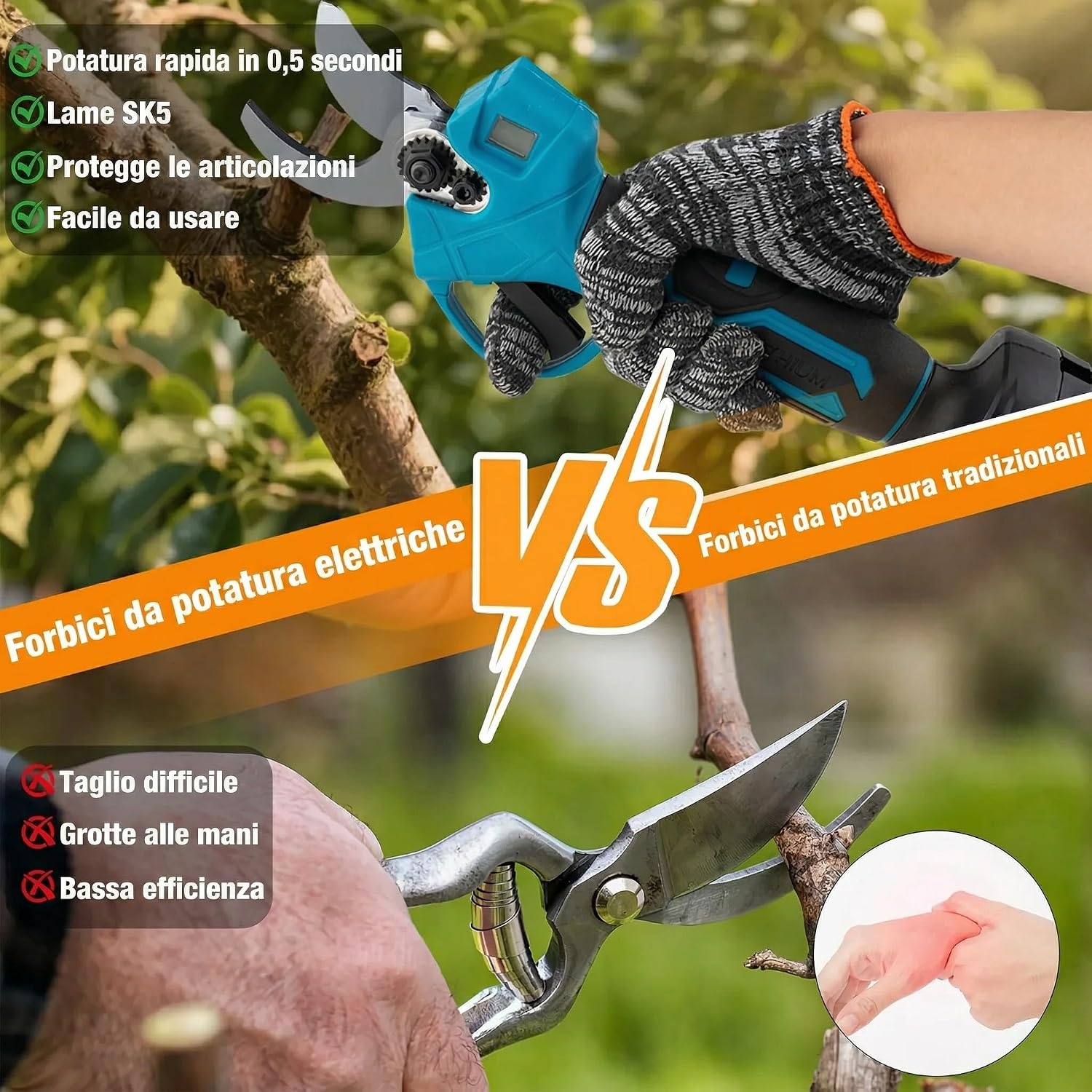 Detalle de Cesoie Elettriche Potatura Senza Fili con 2 Batterie 21V 2.0Ah e Lame SK5 – Taglio Ø40 mm