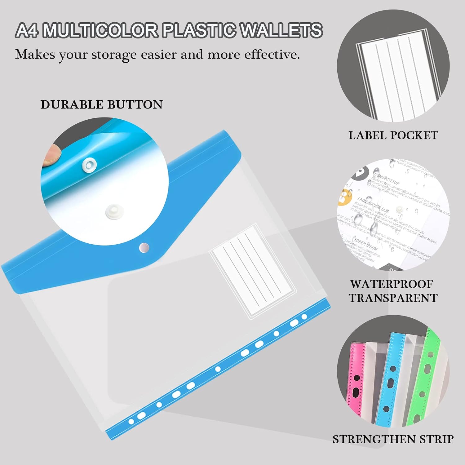 Detalle de A4 Plastic Wallets Folders – 12Pcs Punched Pockets, Popper Wallets with Pocket for Home, Office and School