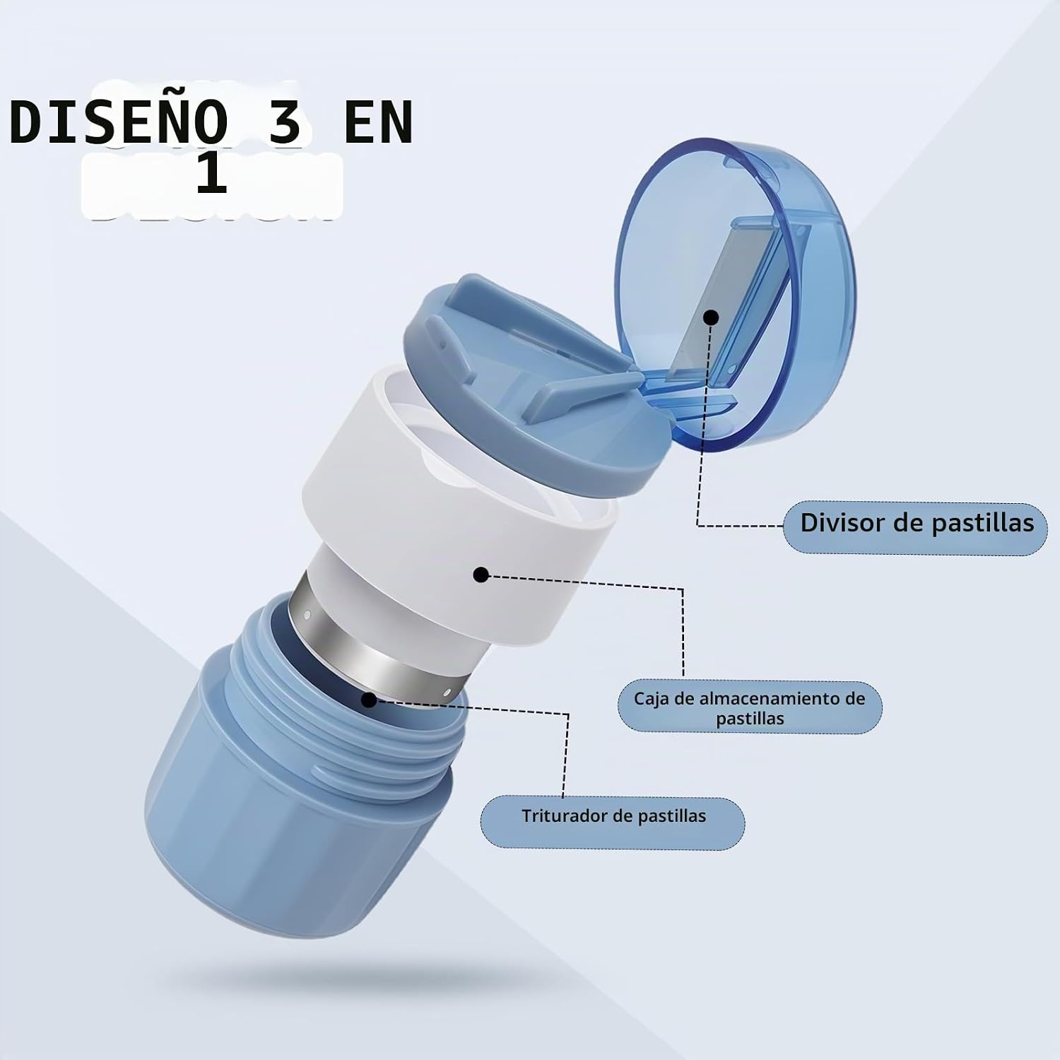Detalle 2 de KQDRAVINE Triturador de Pastillas 3-en-1 (Azul) – Cortar, Triturar y Almacenar en un solo dispositivo