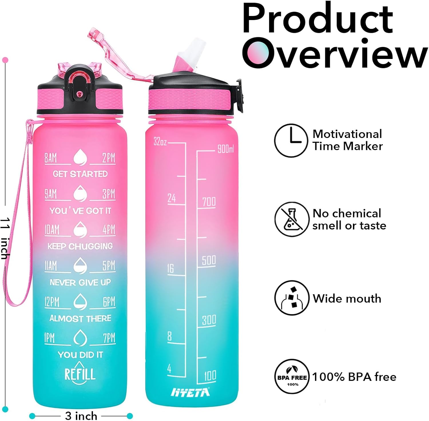 Thumbnail 1 de Hyeta 32oz Water Bottle with Straw, Time Marker & Leakproof Lid