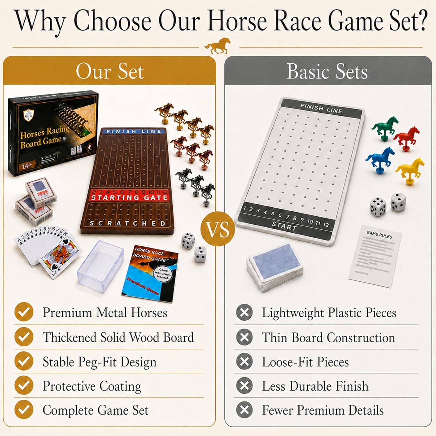 Detalle 2 de Jyquorp Metal Horse Race Board Game – Walnut, Thick Solid Wood Racing Set with 11 Metal Horses