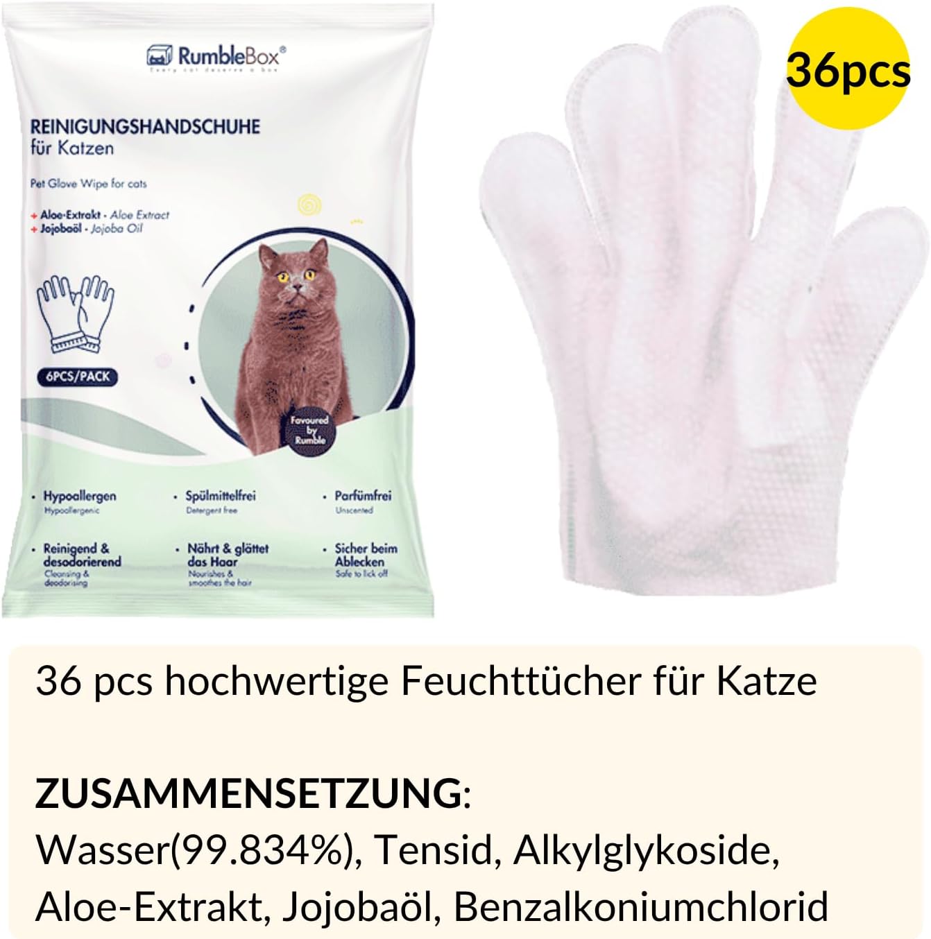 Detalle 2 de RumbleBox Handschuh-Feuchttücher für Katzen & Hunde – Präzise Reinigung und sanfte Fellpflege