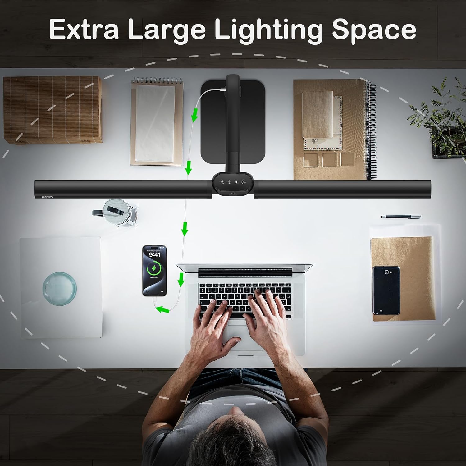 Detalle 1 de LED Desk Lamp 24W with USB Charging Port, Dimmable Light Bar & Wireless Remote