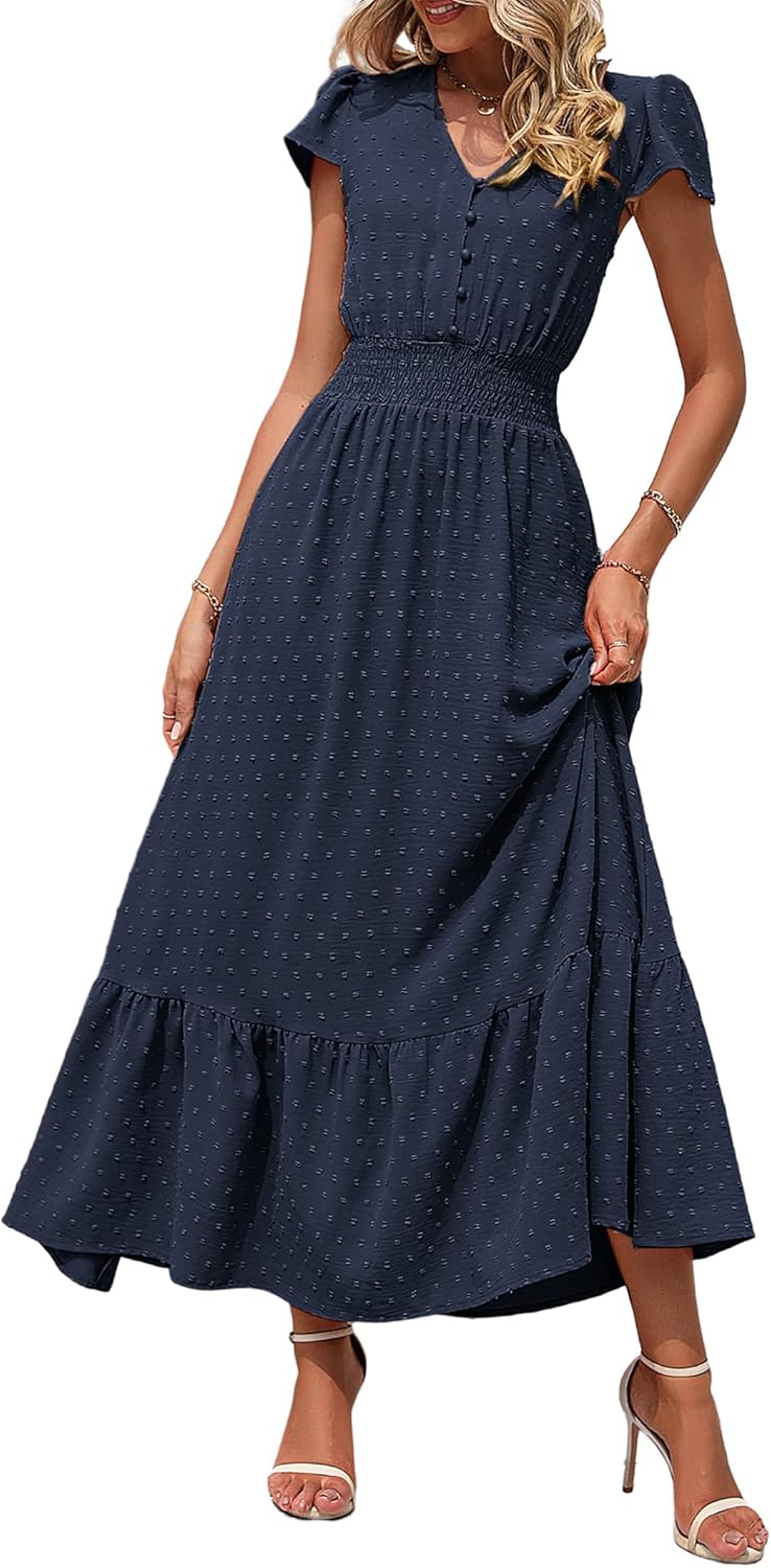 Detalle de PRETTYGARDEN Women's 2026 Summer Maxi Dress — Boho Swiss Dot with Cap Sleeves