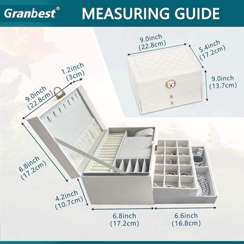 Thumbnail 4 de Granbest 3 Layers Jewellery Box with 2 Drawers — Elegant Leather Storage for Necklaces, Rings, Bracelets and Earrings (White)