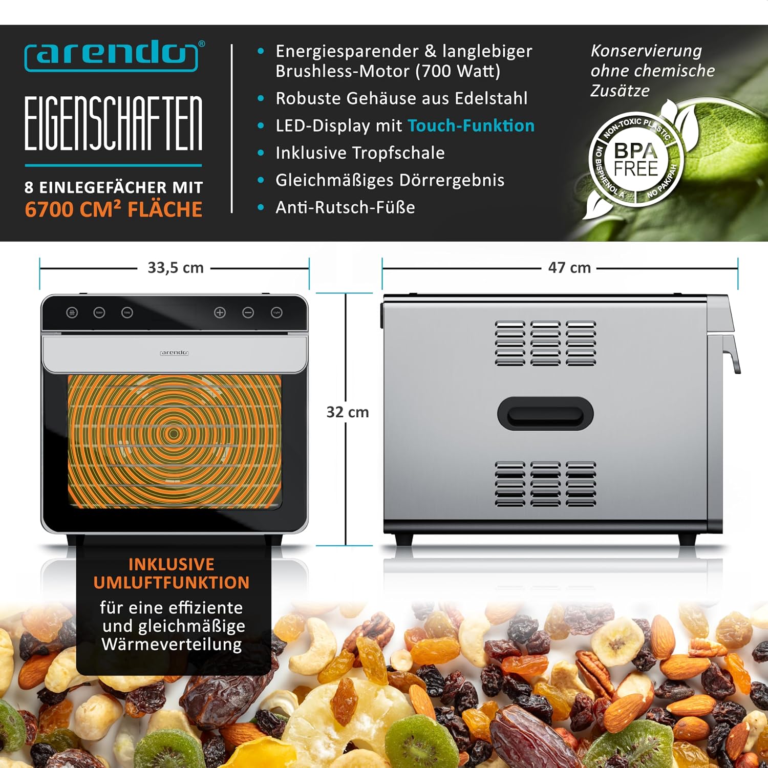Detalle 2 de arendo Dörrautomat aus Edelstahl mit 8 Einlegetabletts (700 W), 35–85 °C – Dörrgerät für Obst, Fleisch, Pilze